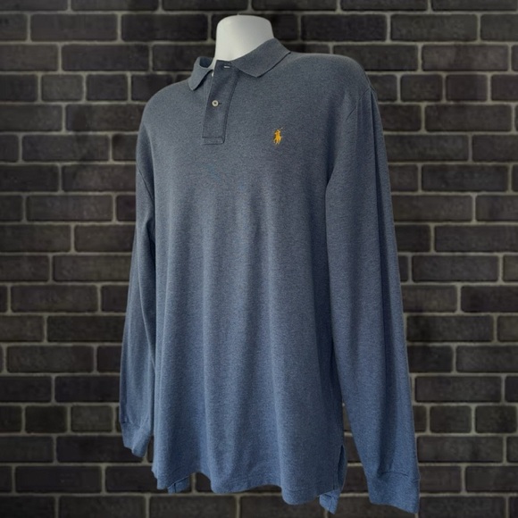 Polo Ralph Lauren Long Sleeve Polo Shirt Men’s Size- Large Blue Cotton Gold Pony - Picture 7 of 9